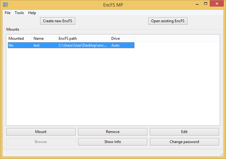 Screenshot of EncFSMP on Windows 8